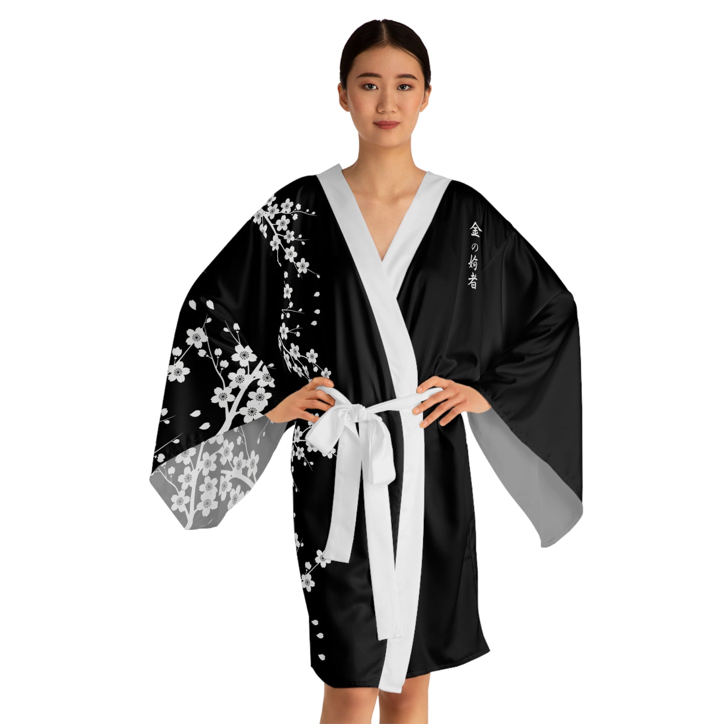 Fefe Black Cherry Blossom Designer Kimono Robe — Long Sleeve Japanese-Style Designer Lounge Jacket