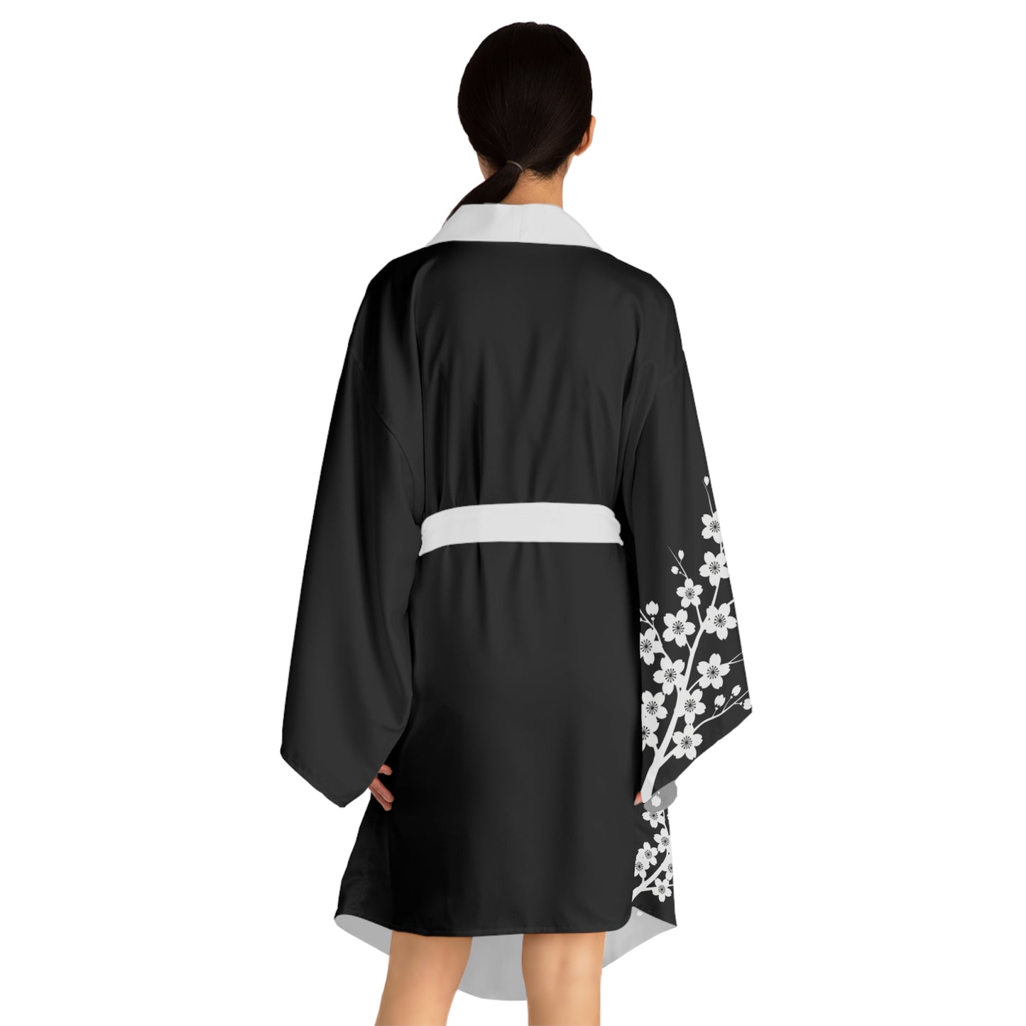 Fefe Black Cherry Blossom Designer Kimono Robe — Long Sleeve Japanese-Style Designer Lounge Jacket