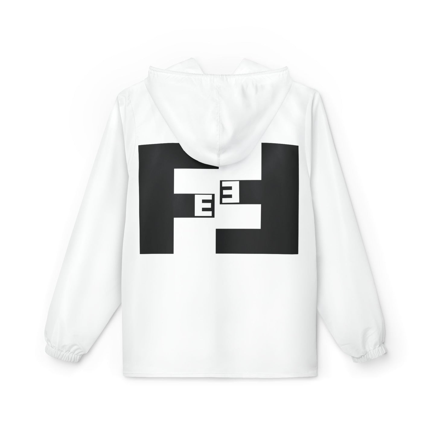 Fefe brand Minimalist White Windbreaker Designer Jacket with Bold Black Geometric Back Logo Print