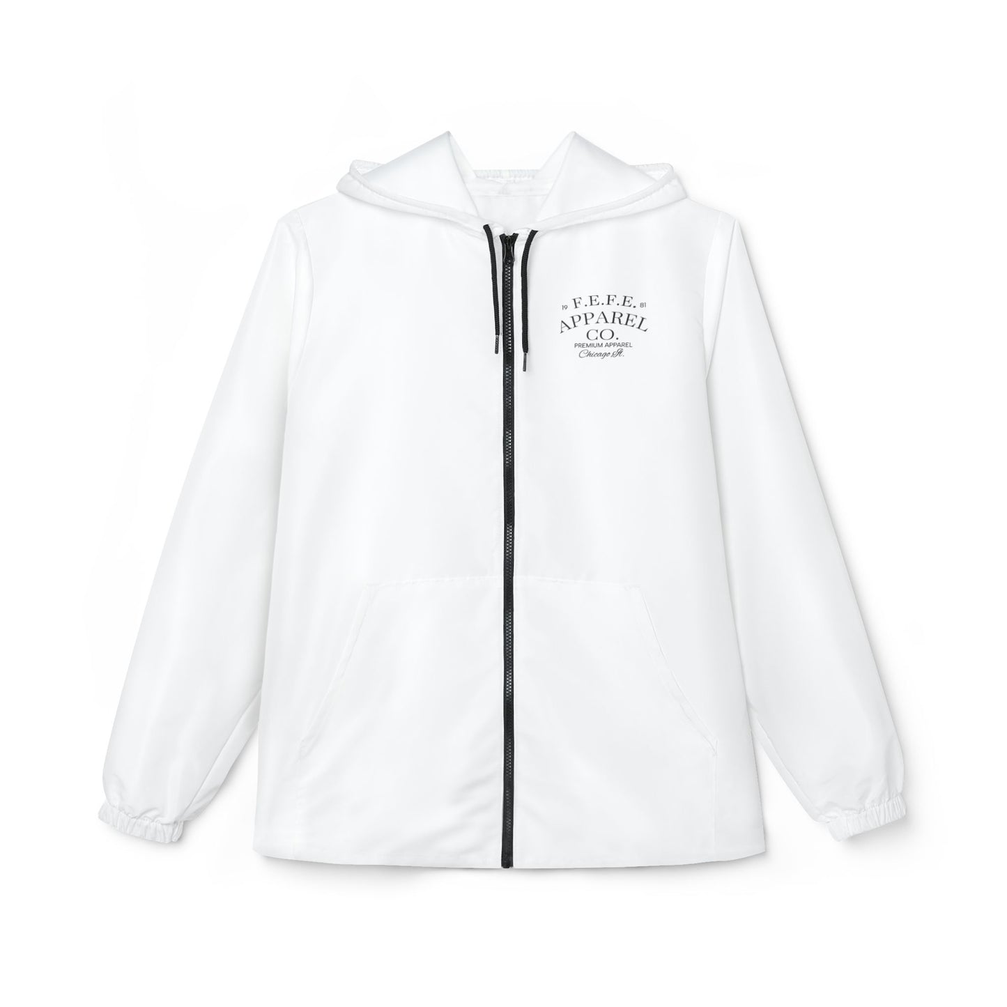 Fefe brand Minimalist White Windbreaker Designer Jacket with Bold Black Geometric Back Logo Print