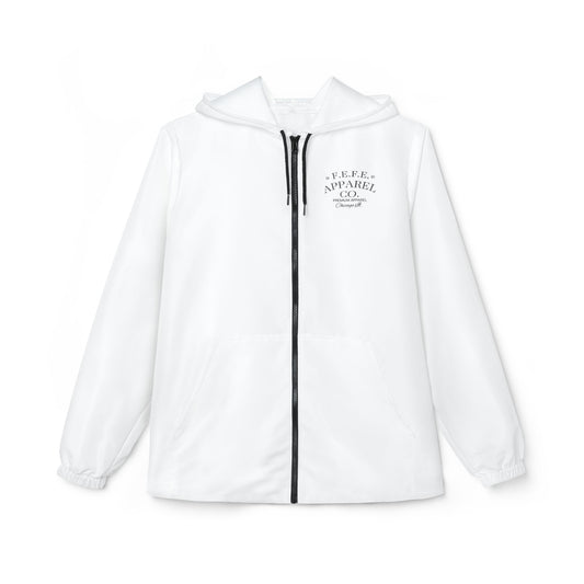 Fefe brand Minimalist White Windbreaker Designer Jacket with Bold Black Geometric Back Logo Print