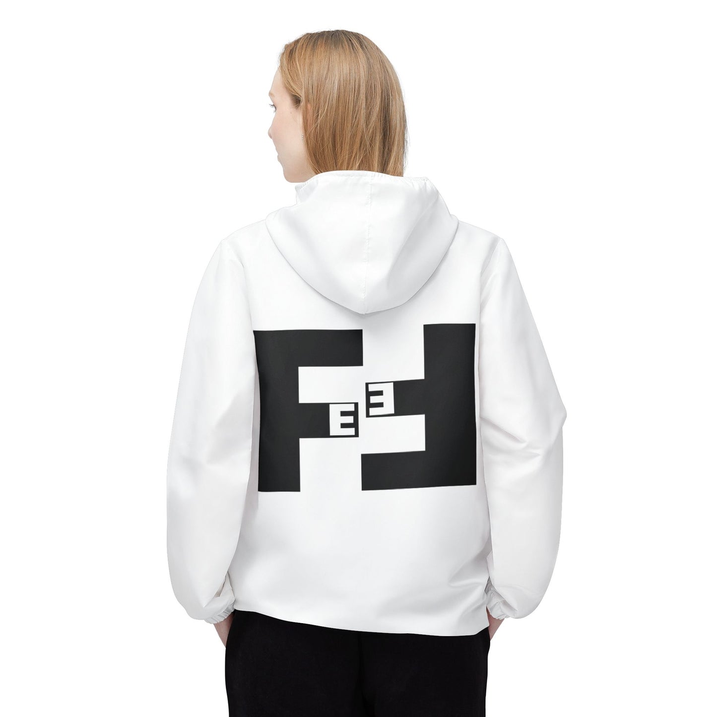 Fefe brand Minimalist White Windbreaker Designer Jacket with Bold Black Geometric Back Logo Print