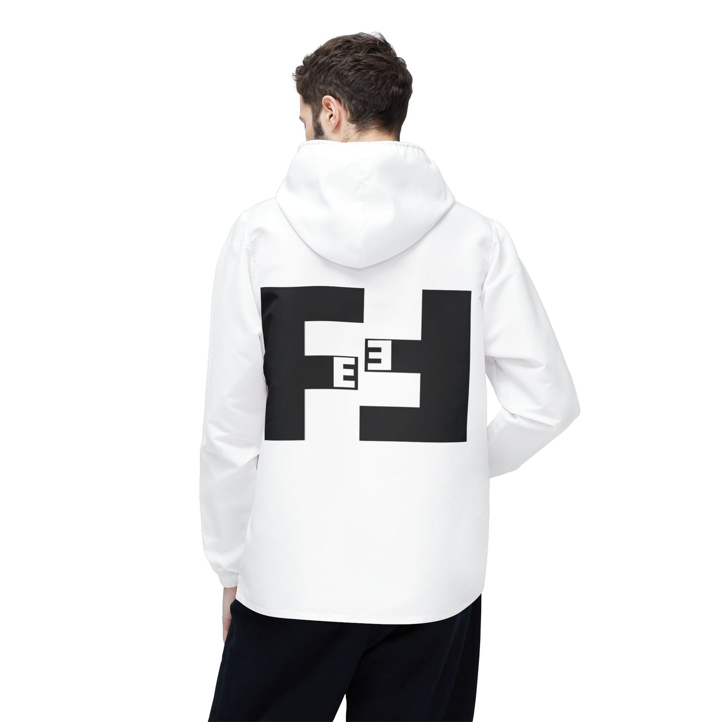 Fefe brand Minimalist White Windbreaker Designer Jacket with Bold Black Geometric Back Logo Print