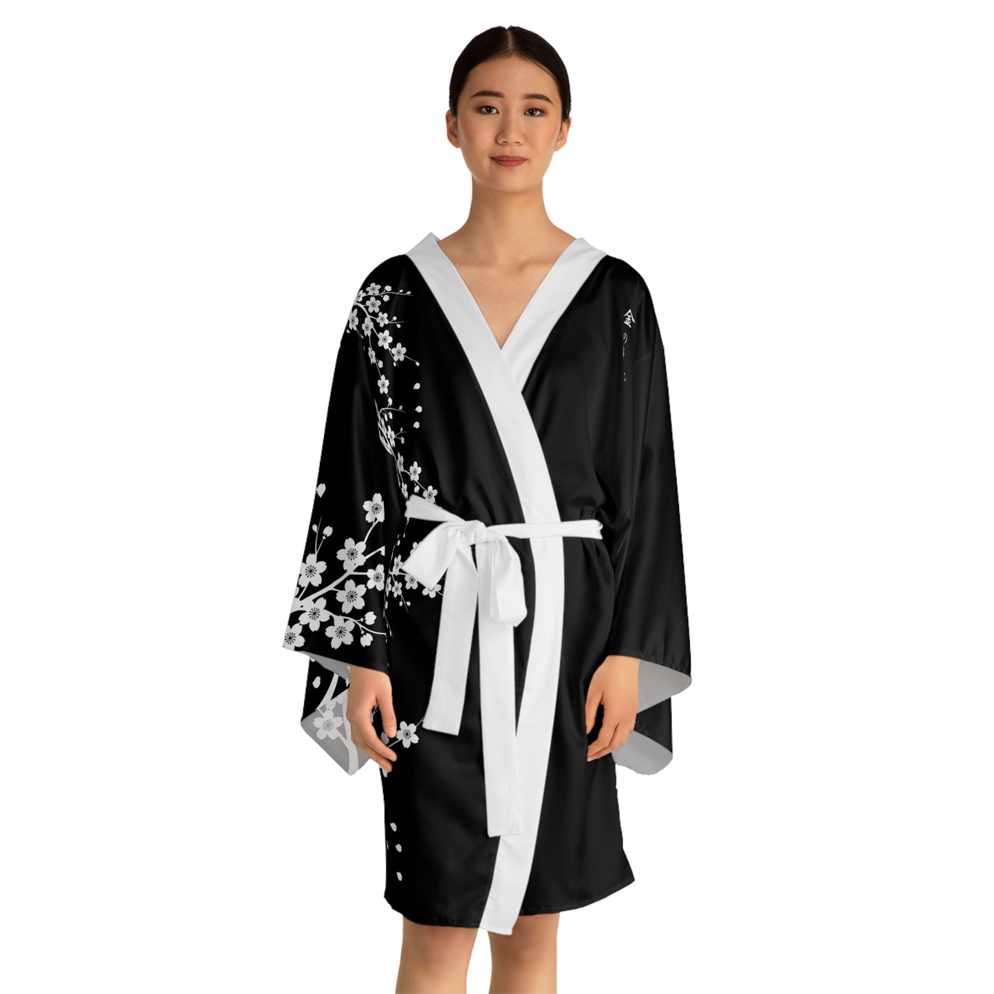 Fefe Black Cherry Blossom Designer Kimono Robe — Long Sleeve Japanese-Style Designer Lounge Jacket