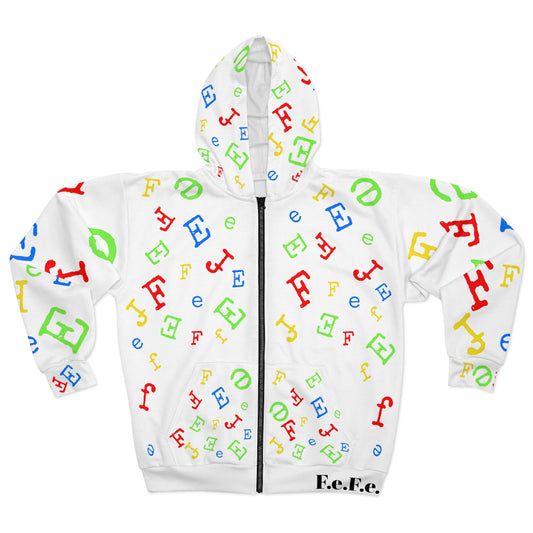 Fefe Scatter Zip Hoodie — Rainbow Letter Print Hoodie