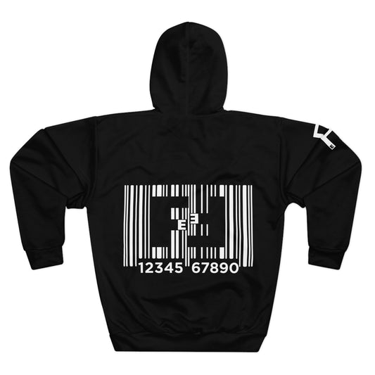 Fefe Barcode Graphic Designer Hoodie — Black Streetwear Pullover with Bold Back Barcode Design